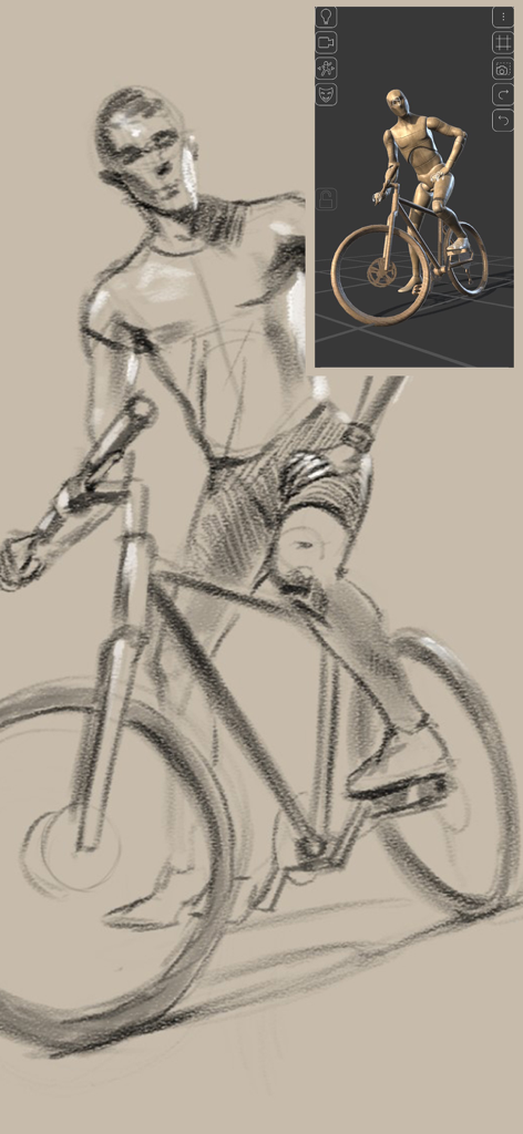 Poseit - Pencil sketch of a man on a bicycle using a Poseit 3D mannequin as a drawing reference