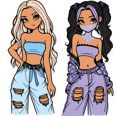 2 girls in crop tops and baggy jeans ripped