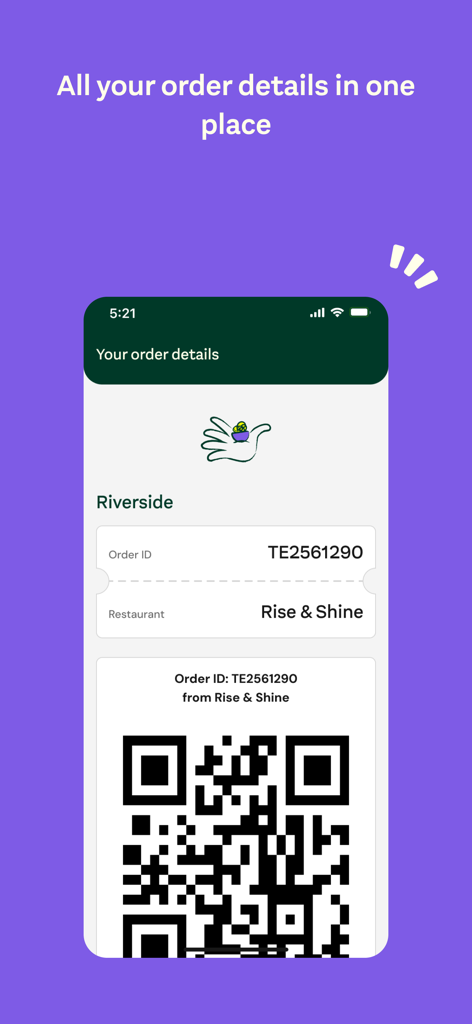 Time2Eat by Compass Digital - Time2Eat app interface showing order details and a QR code for workplace restaurant access.