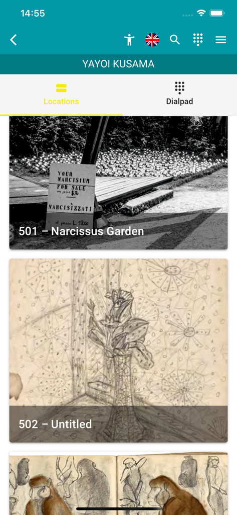 Ludwig x Kusama - Uma lista de obras de arte de Yayoi Kusama no aplicativo de guia de áudio móvel Ludwig x Kusama mostrando Narcissus Garden e vários esboços.