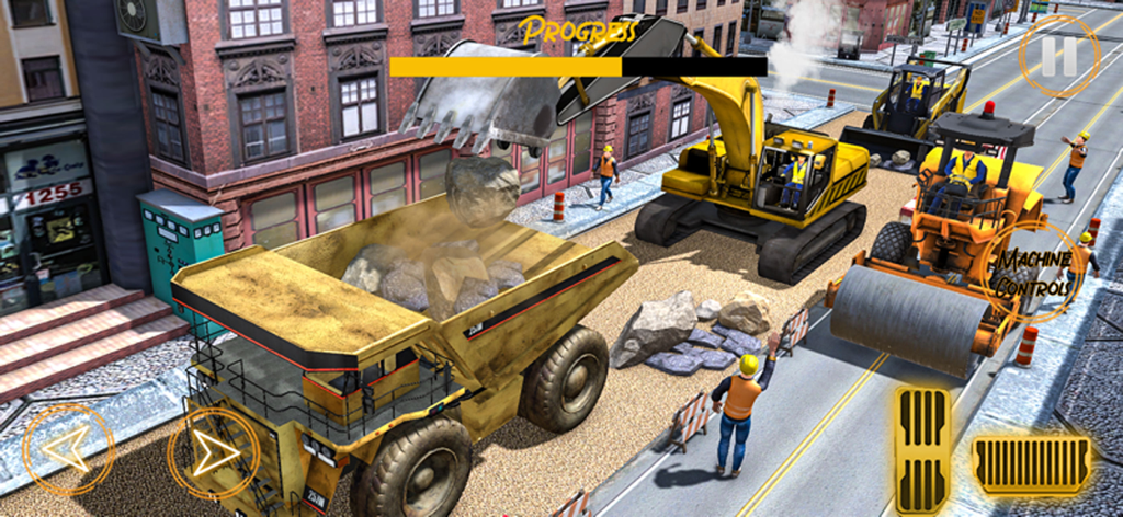 Construction Simulator 3D Game - A yellow excavator loading a large rock into a dump truck in a 3D construction simulation game
