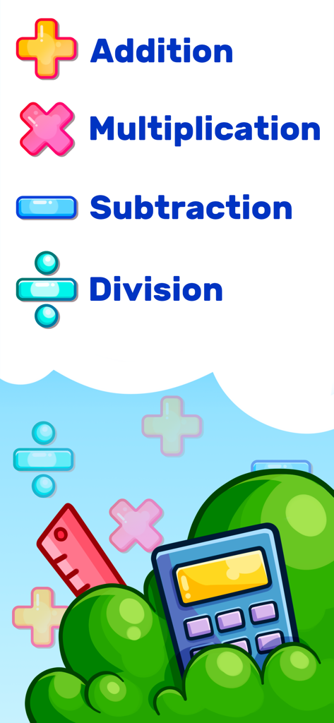 MathHero: Math Games for Kids - MathHero app screen showing addition multiplication subtraction and division games for kids