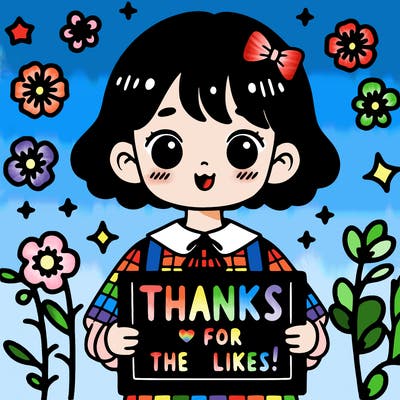 a cute girl with a sign that says "thanks for the likes!"