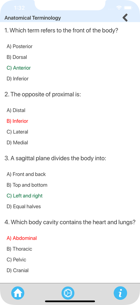 解剖学的用語に関する多肢選択問題と、ハイライトされた正解および不正解の回答を表示する画面。
