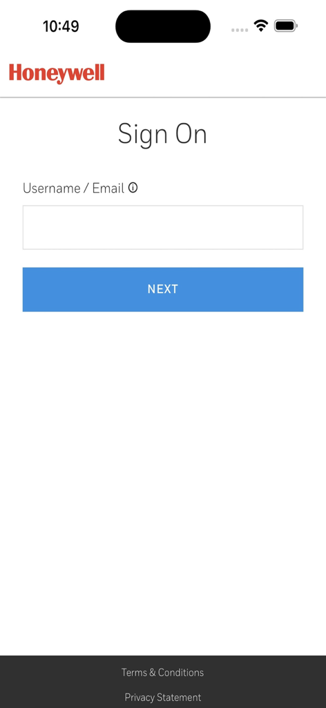 INDS Data Manager (IDM) - Schermata di accesso per l'applicazione mobile Honeywell INDS Data Manager che mostra un campo di accesso per i professionisti dell'aviazione