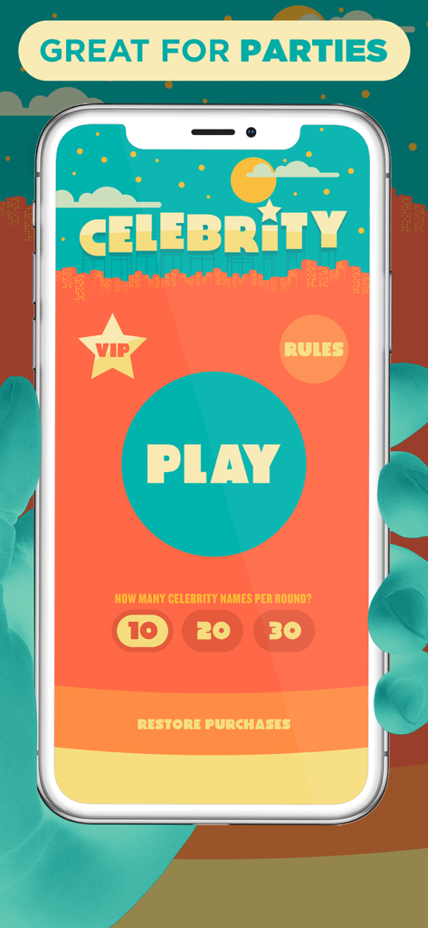 Home screen of the Celebrity party game app showing the play button and round settings