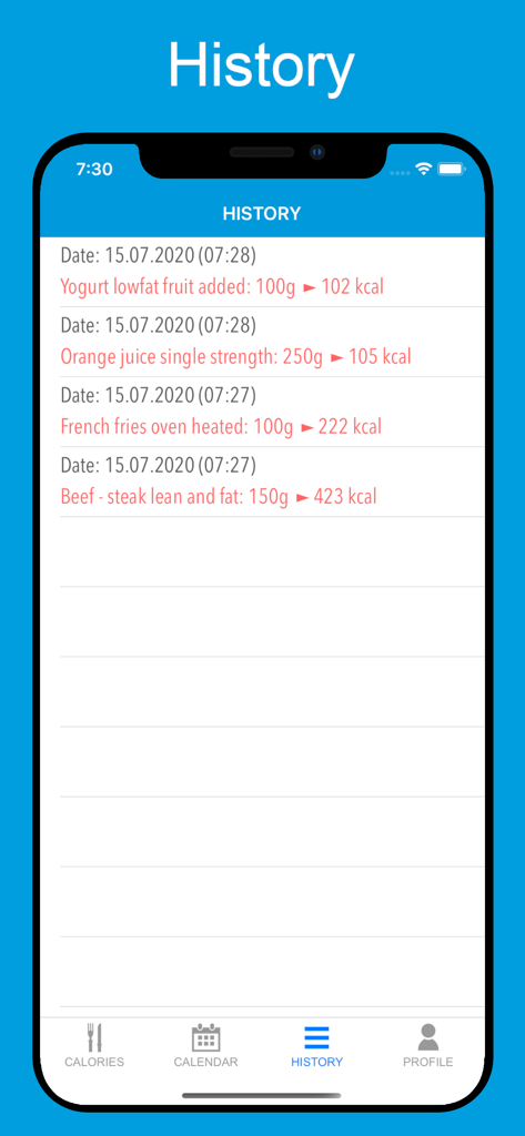 Visão do histórico do aplicativo Calories Counter mostrando registros diários de refeições e totais de calorias