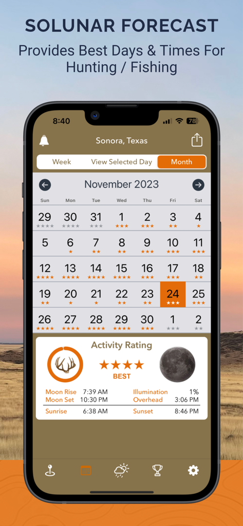 Hunt & Fish Times by iSolunar™ - Hunt & Fish Times app displaying a monthly solunar forecast calendar with activity ratings for hunting and fishing.