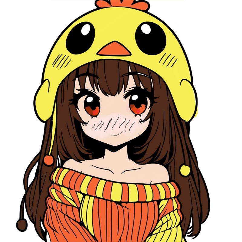 anime girl with chick shaped hat with sweater with bare shoulders with bangs covering them one eye with low tail