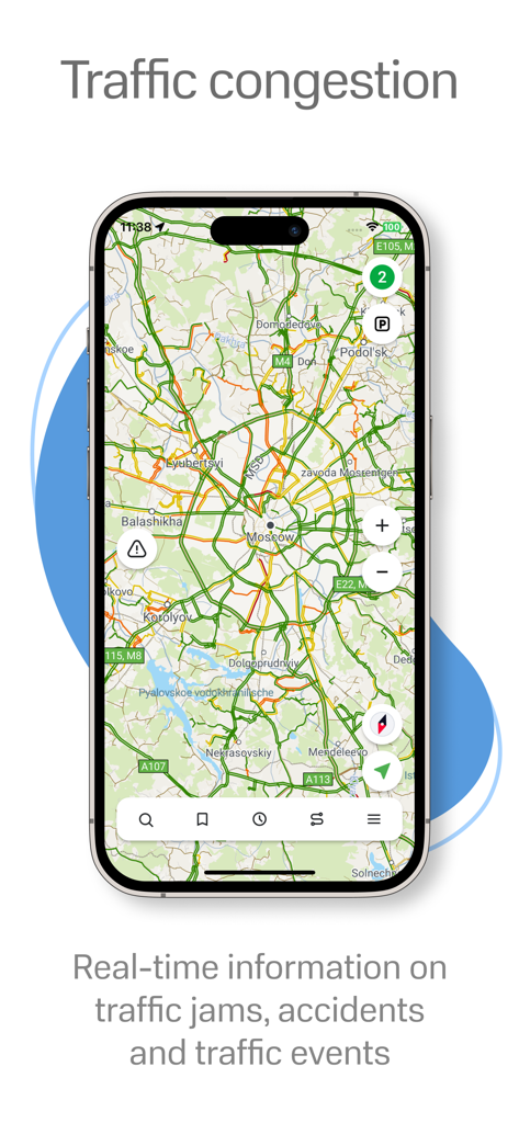 Navitel Navigator - Congestión de tráfico en tiempo real y alertas de incidentes en el mapa de Navitel Navigator.
