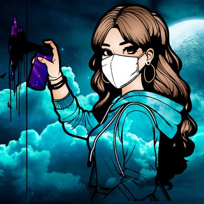 realistic girl with mask spray painting a wall