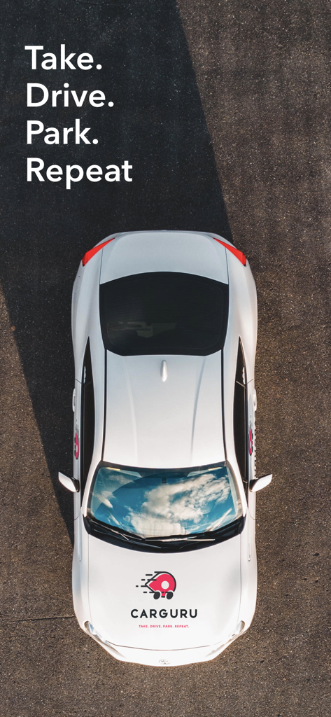 Top down view of a white car with Carguru logo and the slogan Take Drive Park Repeat