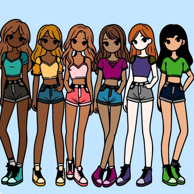 a group of girls wearing crop tops and shorts