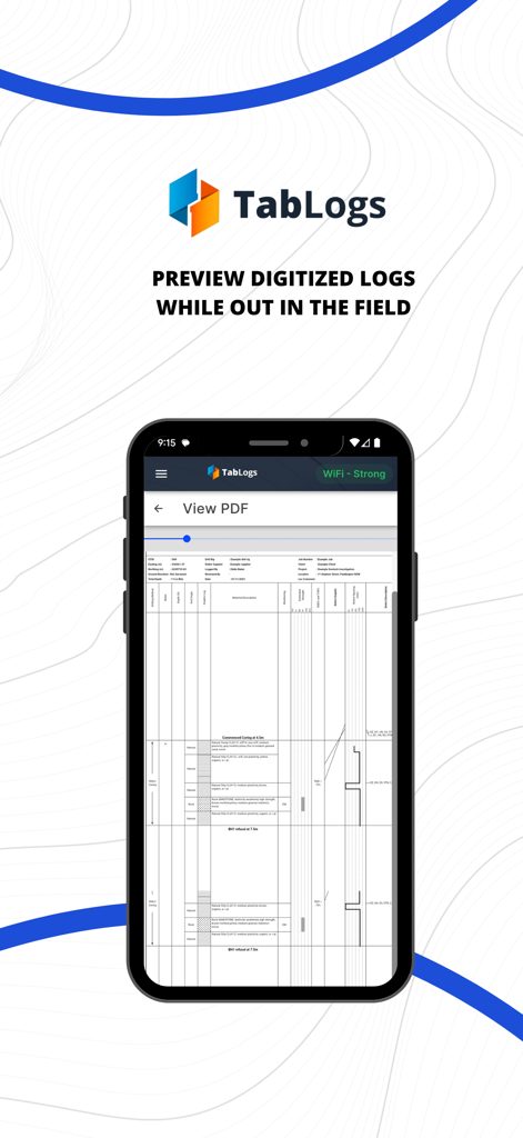 TabLogs - A smartphone displaying a digitized borehole log PDF preview within the TabLogs mobile app interface for field use