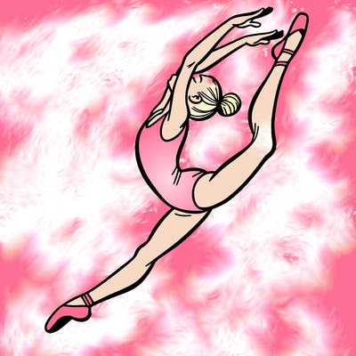 gymnast doing a leap in a leotard with a bent back leg
