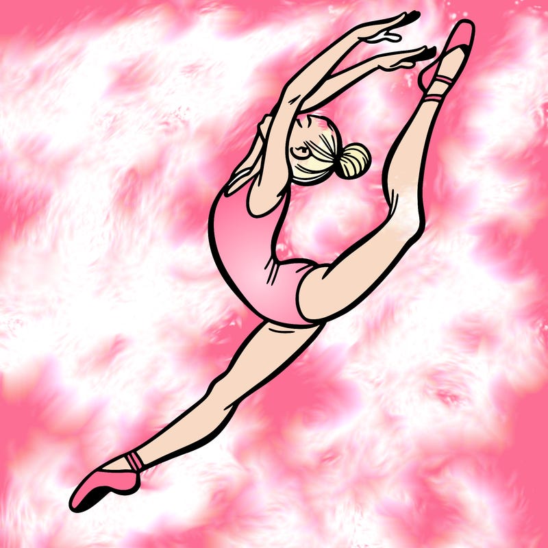 gymnast doing a leap in a leotard with a bent back leg
