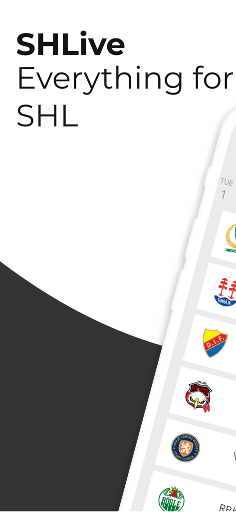 SHLive - SHLive app introductory screen displaying various Swedish Hockey League team logos