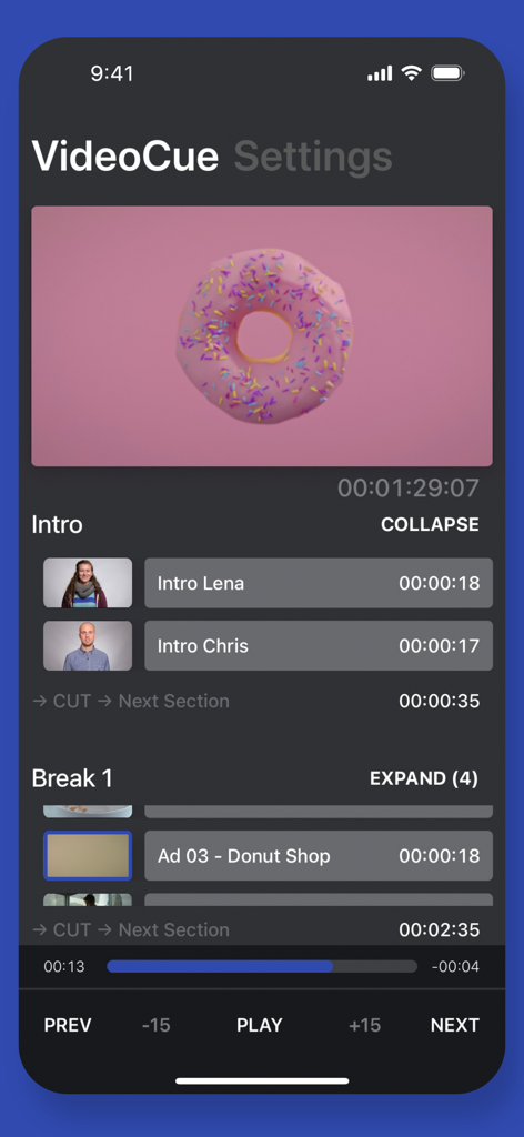 LiveApp Play - LiveApp Play VideoCue interface on iPhone displaying a professional video playback playlist with intros and commercials