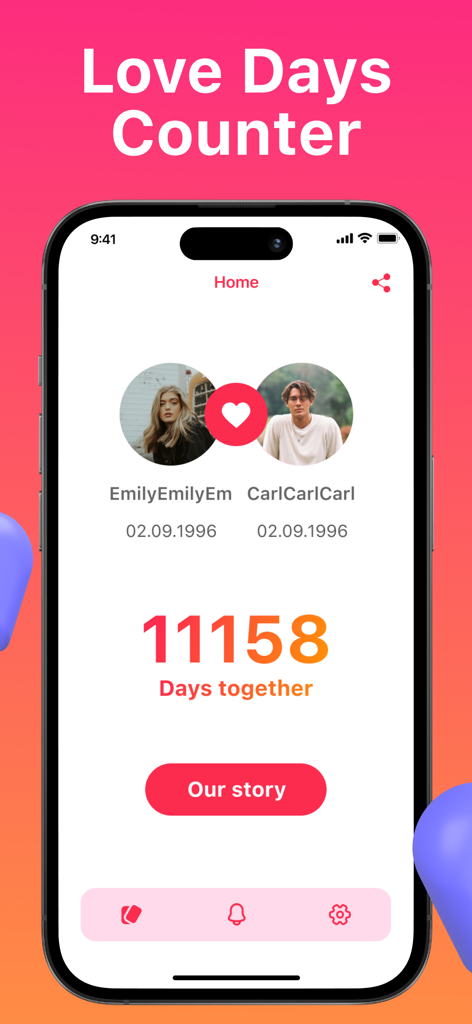 커플과 그들의 총 함께한 날짜를 사랑 카운터로 보여주는 모바일 앱 인터페이스.