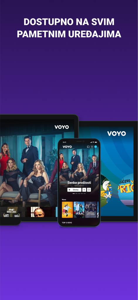 VOYO.rs - Aplicación VOYO.rs mostrada en un teléfono inteligente y una tableta con contenido de series de televisión y películas serbias.