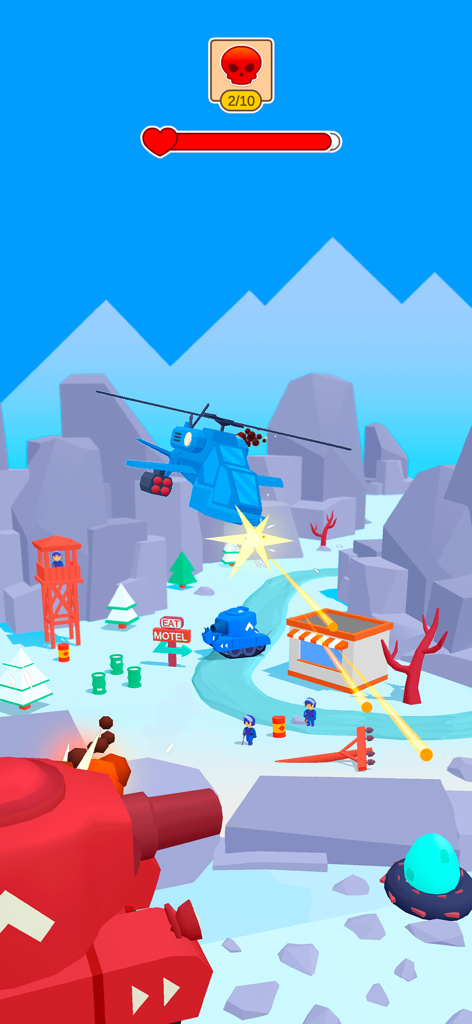 Tank Sniper: 3D Shooting Games - Tanque rojo apuntando a un helicóptero enemigo azul en un terreno nevado.