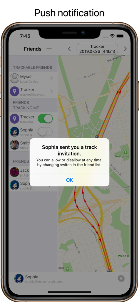GPS Tracker+ - Écran de smartphone affichant une invitation de suivi de localisation d'un ami dans l'application GPS Tracker plus