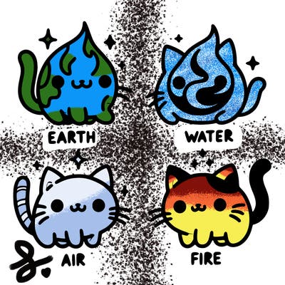 4 cats that represent the different elements, earth, water, air, and fire