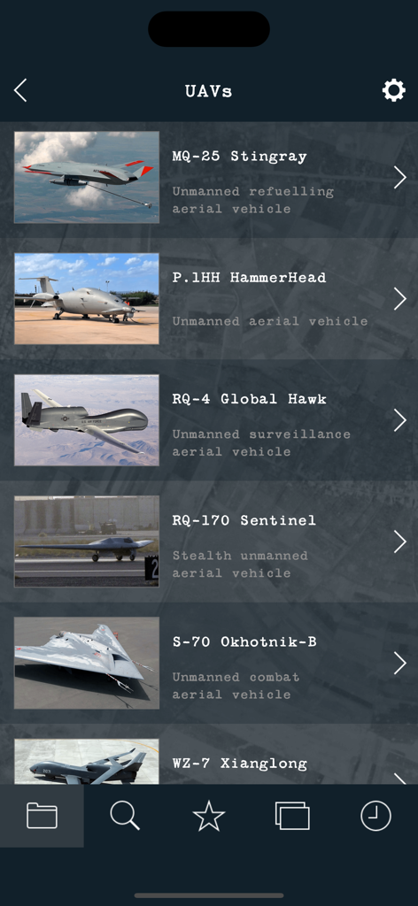 A list of modern military unmanned aerial vehicles featuring photos and technical names in a reference app