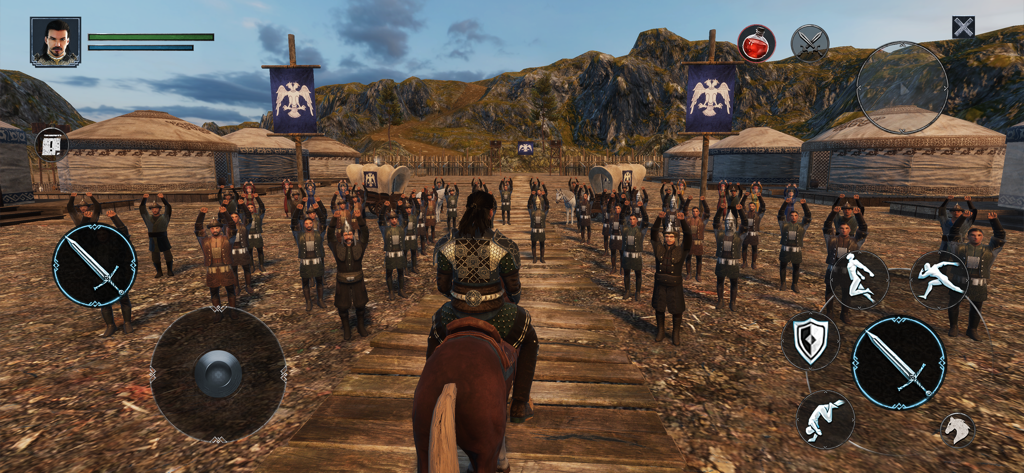 Alparslan: Warlord RPG Game - Un personaje a caballo enfrentando a un gran ejército de soldados en un campamento histórico selyúcida con montañas al fondo.