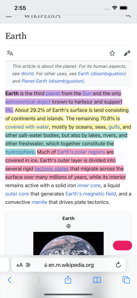 Highlighter for Safari - Multicolored text highlights on a Wikipedia page using the Highlighter for Safari extension on iPhone.
