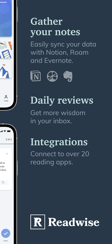Readwise app screenshot showing note syncing with Notion Roam and Evernote