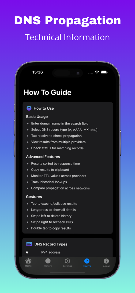 Écran du guide pratique de l'application mobile DNS Propagation pour les développeurs montrant des astuces d'utilisation et des gestes.