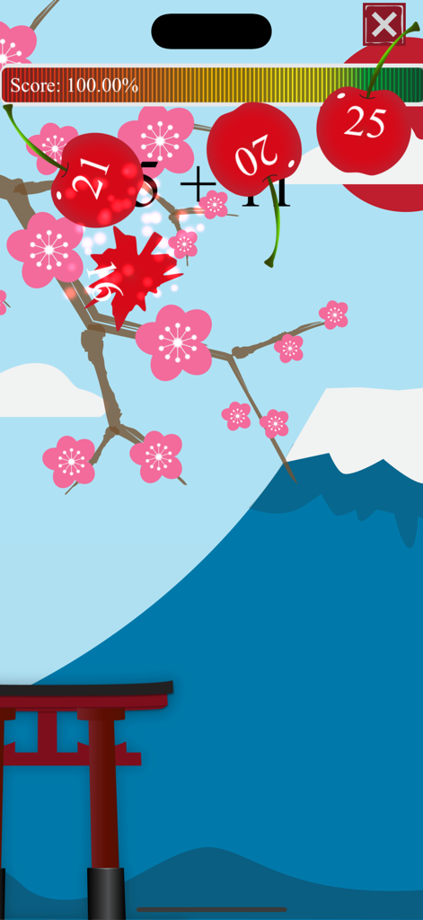 Math Facts Ninja - Math Games - Math Facts Ninja addition gameplay screen featuring a ninja themed math challenge with cherry blossoms and Mount Fuji.