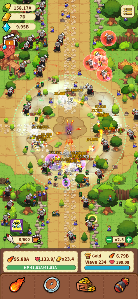 Rise of Chicks - A mutant chicken hero battles waves of human enemies in a colorful idle RPG gameplay screen