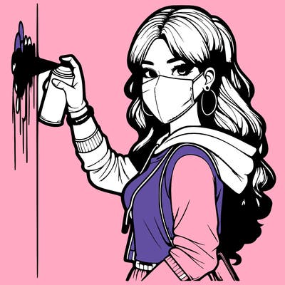 realistic girl with mask spray painting a wall