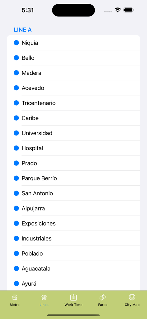 Medellin Subway Map - Liste der U-Bahn-Stationen der Linie A in der Benutzeroberfläche der Medellín U-Bahn-Karten-App.
