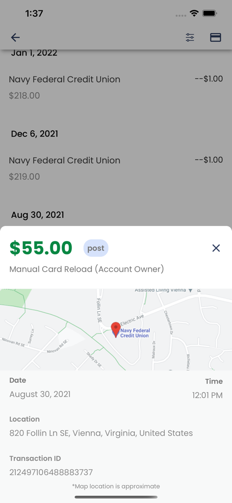 A detailed view of a fifty five dollar manual card reload transaction including a map and location information in the Navy Federal GO Prepaid app