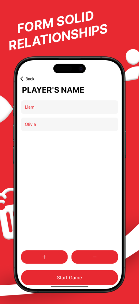 365 Hot: Deep conversations - Pantalla de la aplicación móvil que muestra la interfaz de entrada de nombres de jugadores con Liam y Olivia añadidos para iniciar el juego de conversación