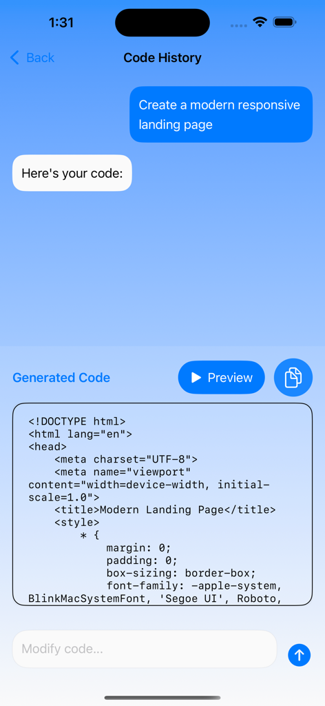 AI Website Builder - AIウェブサイトビルダーアプリのインターフェース。レスポンシブなランディングページ用に生成されたHTMLコードを表示。