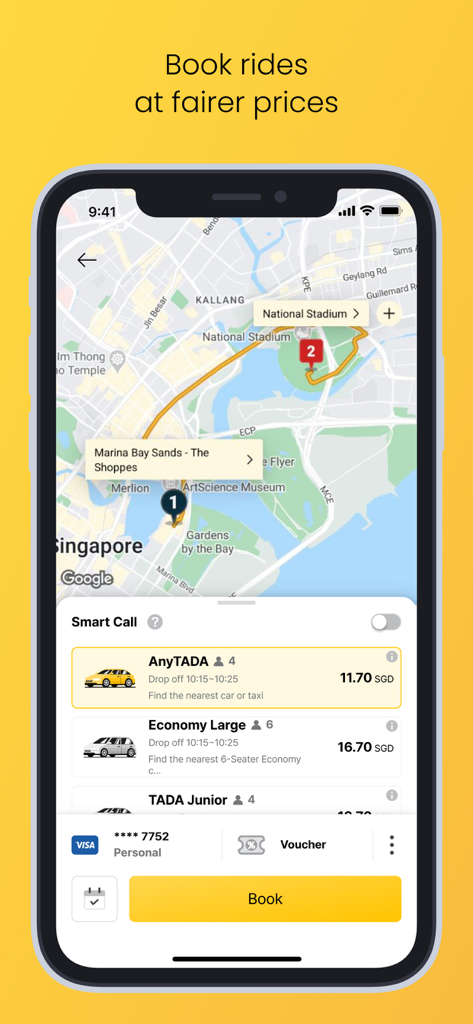 TADA – Ride Hailing - TADA ride hailing app interface showing a map of Singapore and ride options with transparent pricing.