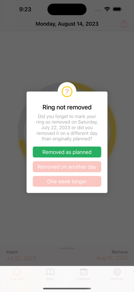 MyRing - contraceptive ring - MyRing app popup reminder asking to confirm contraceptive ring removal with several options