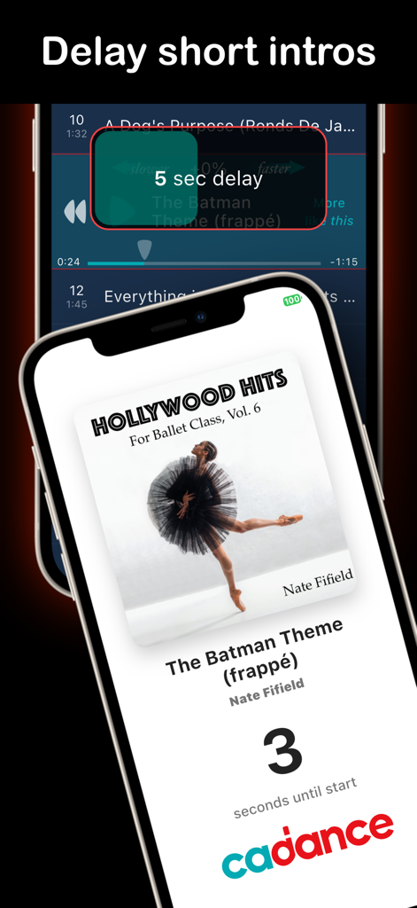 Cadance Dance Tempo Control - Un écran de smartphone affichant un compte à rebours pour la fonction de démarrage retardé dans l'application Cadance pour les professeurs de danse