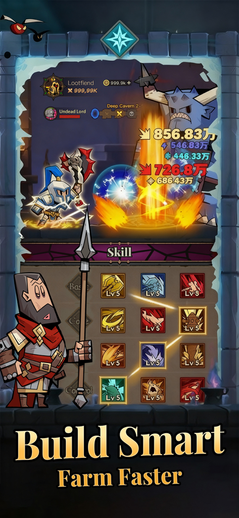 Lootfiend: Idle Dungeons - Lootfiend Idle Dungeons interface showing skill builds and combat gameplay