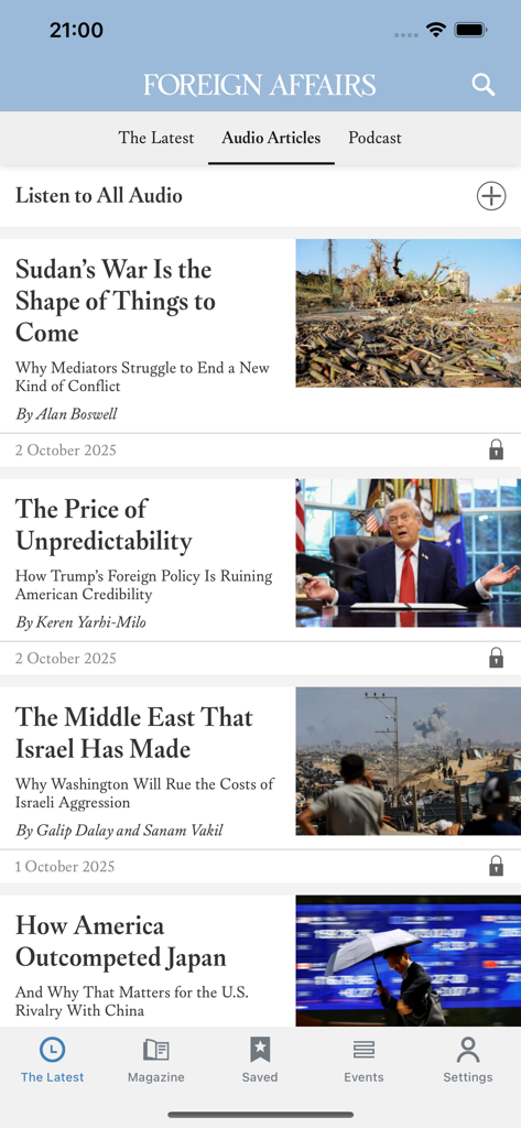 Foreign Affairs Magazine - A list of audio articles on international relations and global policy in the Foreign Affairs Magazine app