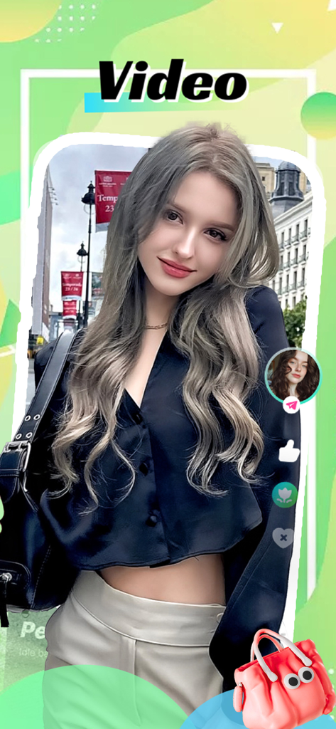 Video discovery interface on the Crewd lifestyle app featuring a young woman and social interaction icons