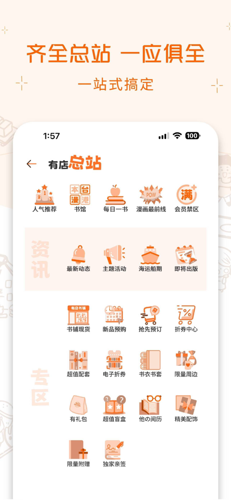 有店｜阅读 · 漫画 · 生活 - Got1Shop mobile app interface showing a comprehensive menu of reading comics and shopping categories with orange icons