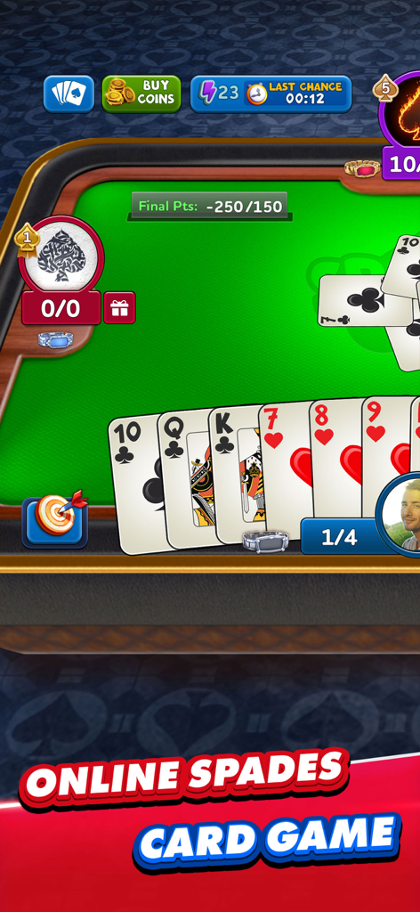 Gameplay screenshot of Spades Plus online card game showing a hand of cards and the digital table