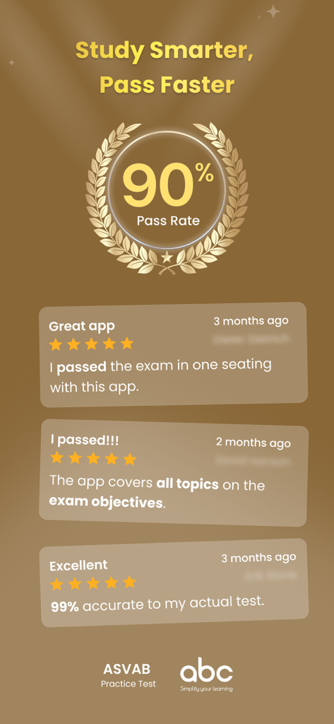 ASVAB Practice Test By ABC - ASVAB Practice Test app displaying a 90 percent pass rate and positive user testimonials