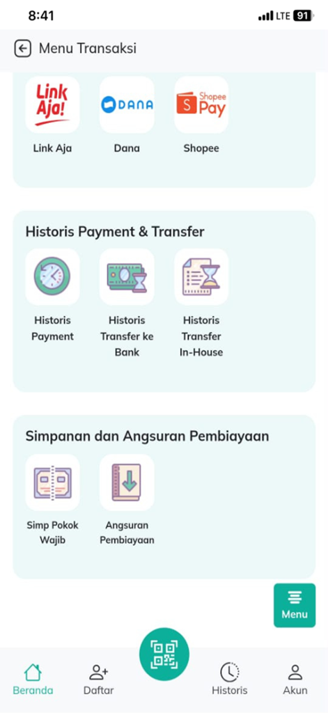 LINK HSI - Interface of the LINK HSI app displaying transaction options e-wallet top ups and payment history records
