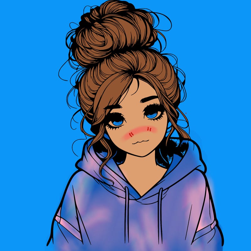 realistic girl with a massy bun and a hoodie
